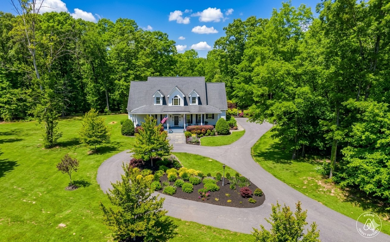 Aerial view of The River House on 15 acres